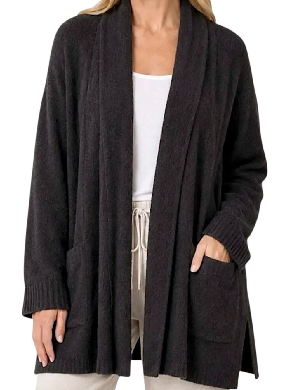 Barefoot Dreams CozyChic Lite Cali Knit Oversized Cardigan Sweater Size S Carbon